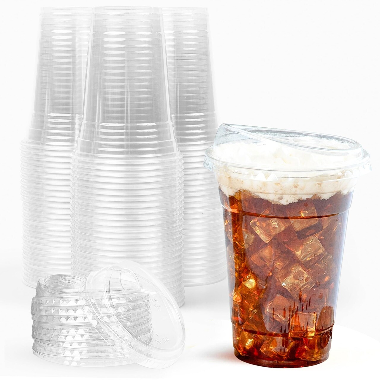 100 Clear Disposable Iced Coffee Cups with Lids, 16oz - Plastic Cups